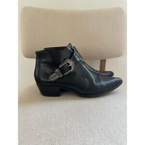 Saint Laurent Black Calfskin Leather Western Ankle Boot Point Toe Bootie 41